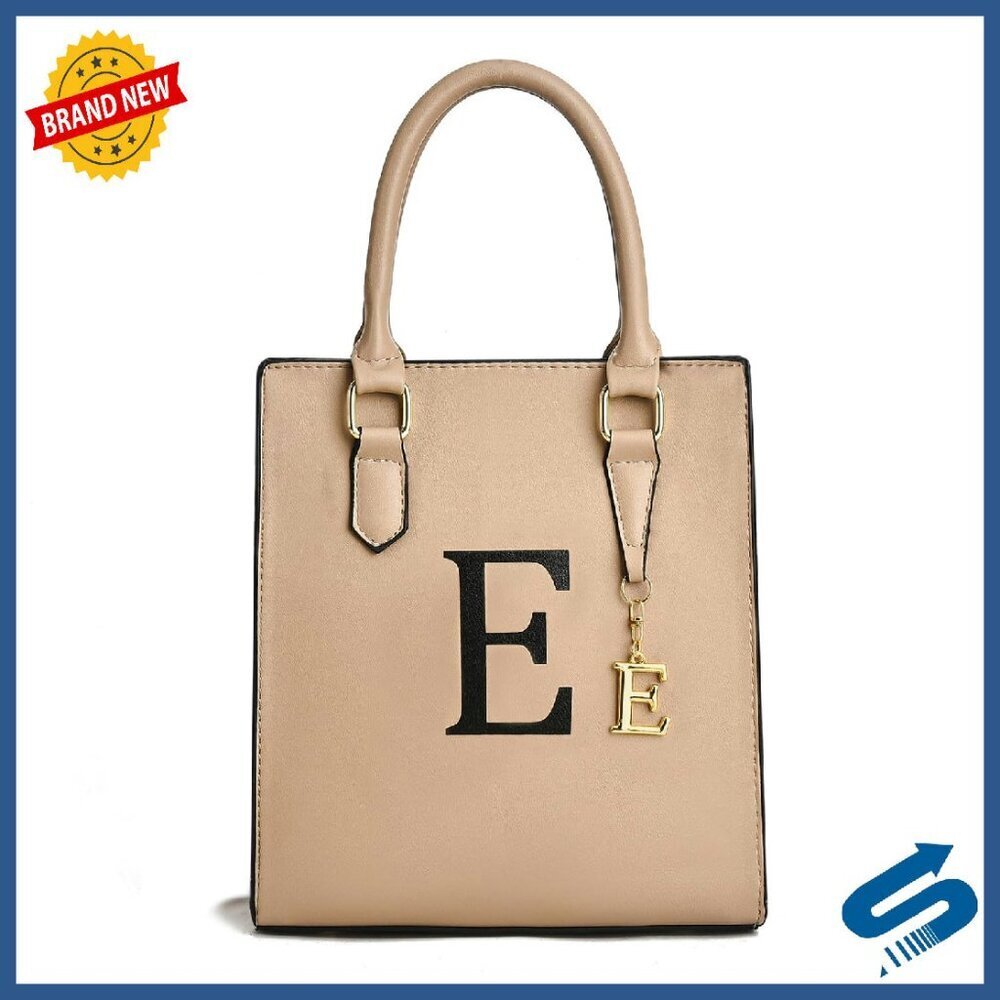 Vegan Leather Tote Bag with Personalized Initial, Detachable Crossbody Strap